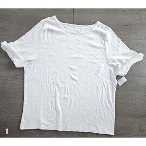 CJ Banks Womens Knit Top 2X White Short Sleeve Roll Tab Button Shoulder Layer